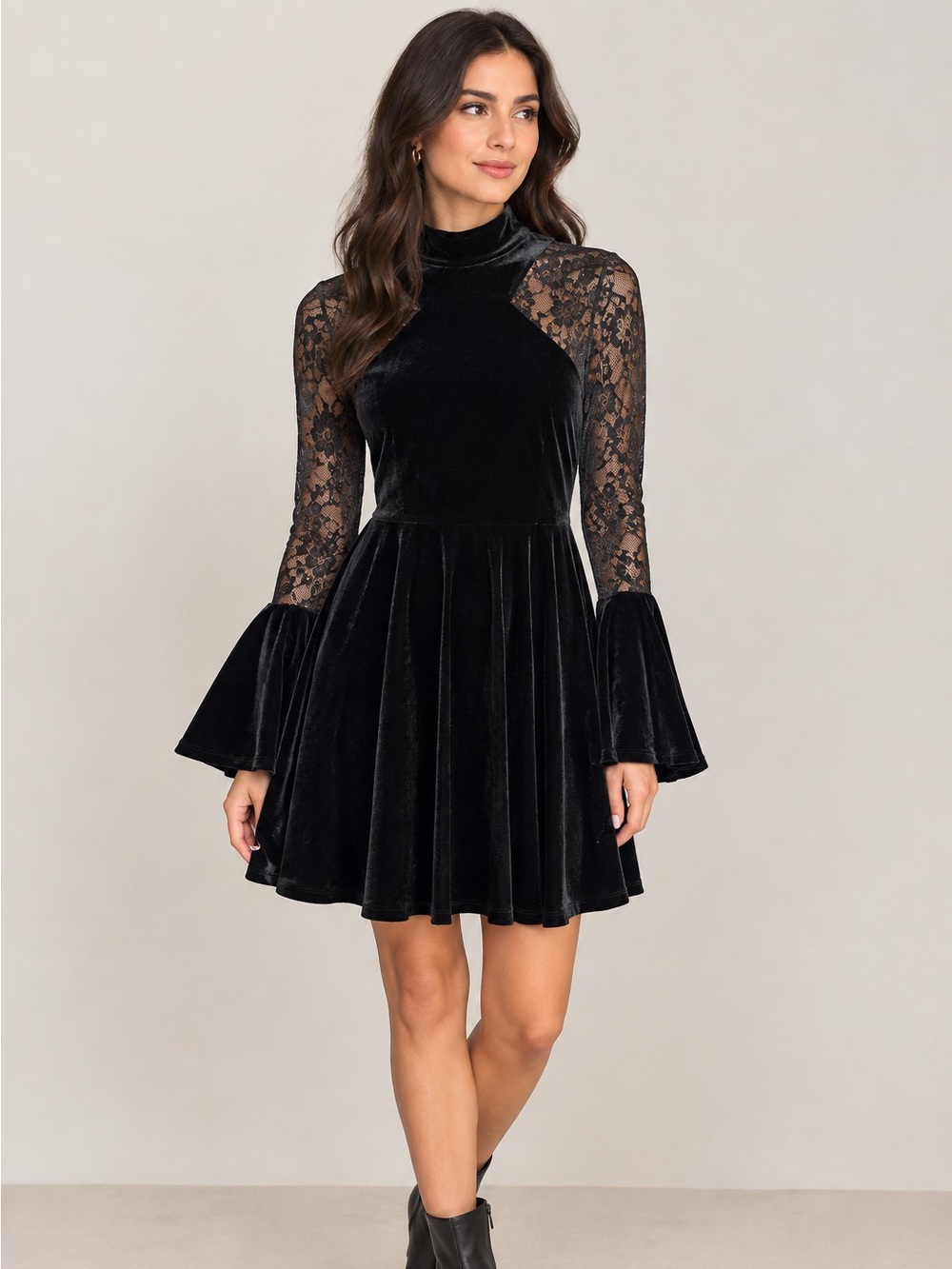 Love Reign Black Velvet Dress with Lace Long Sleeves